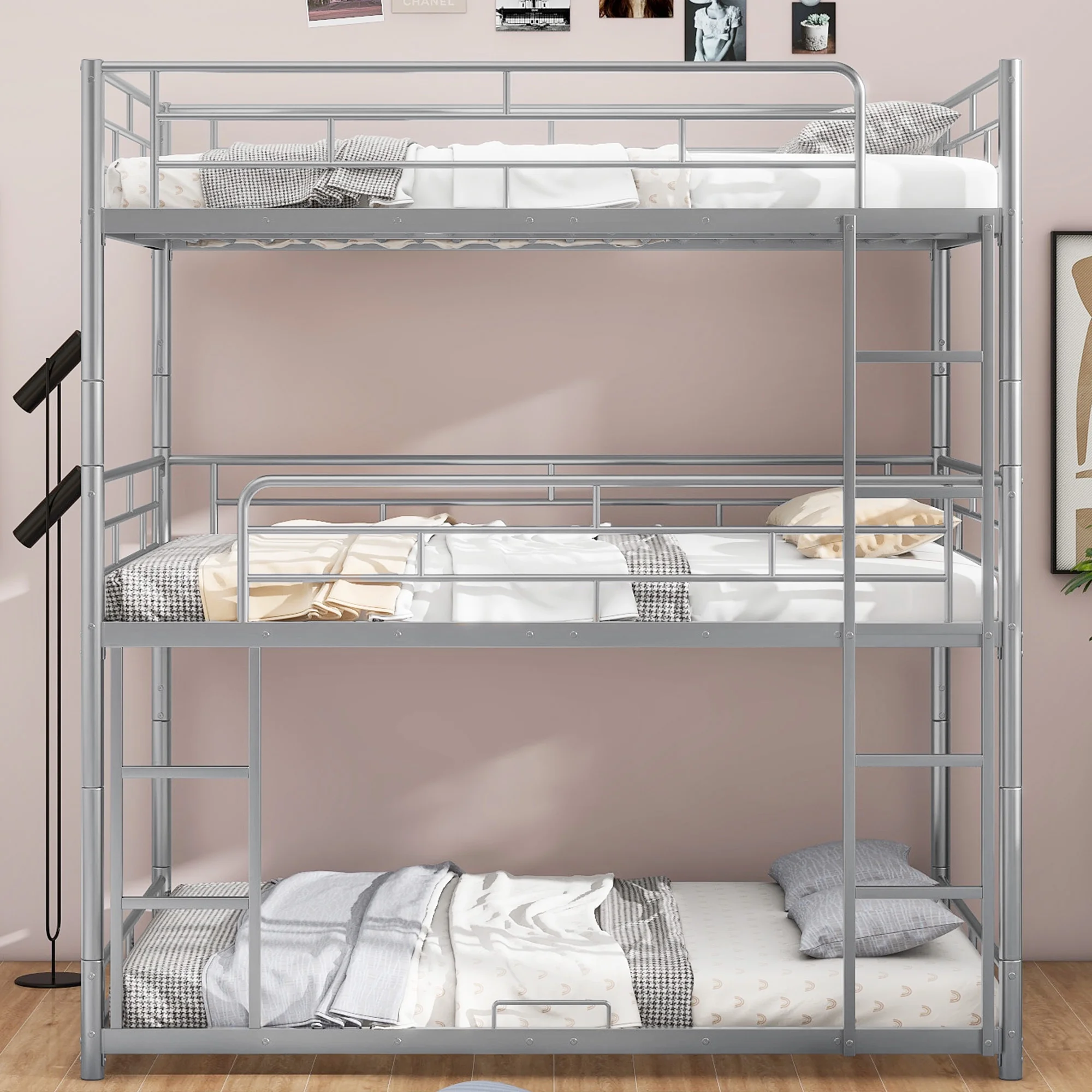 Nestfair Silver Full Size Metal Triple Bunk Bed