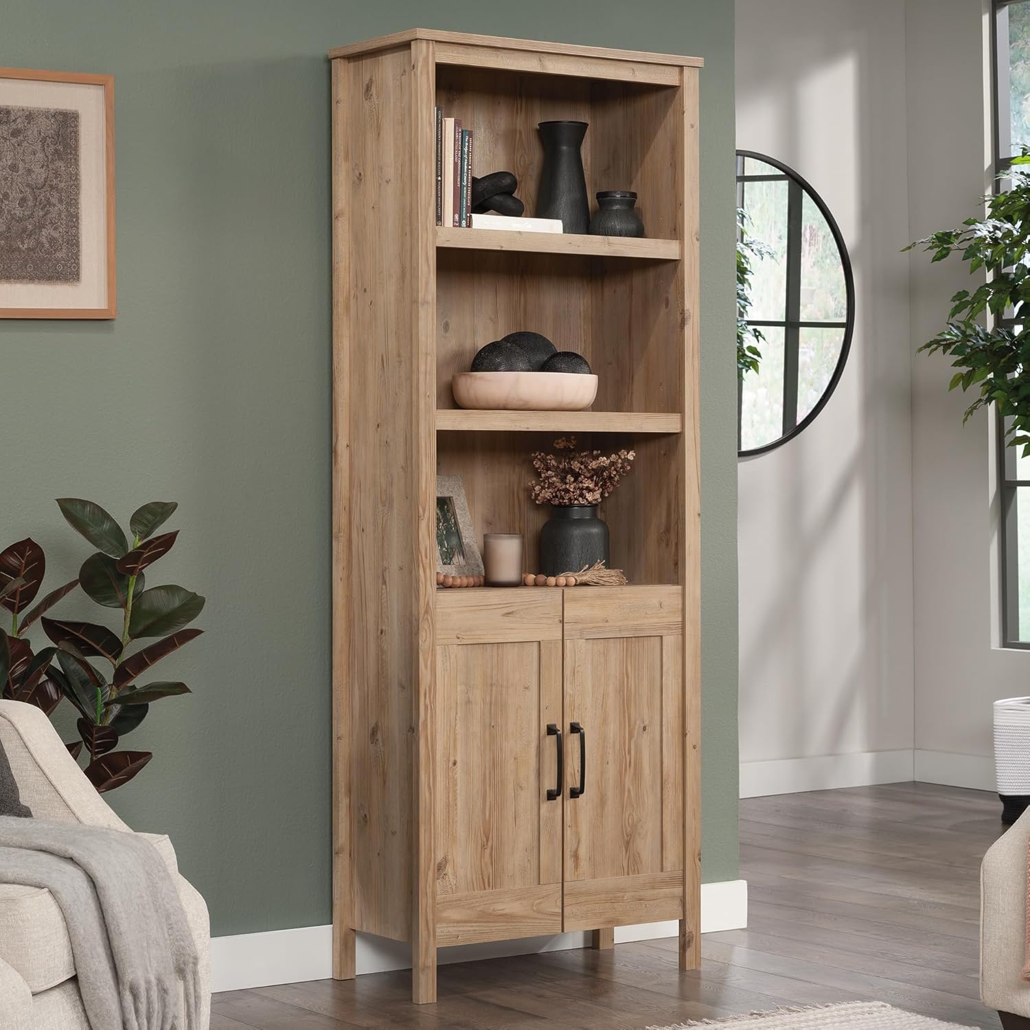 Sauder Select Bookcase with Doors, Khaki Pine Finish