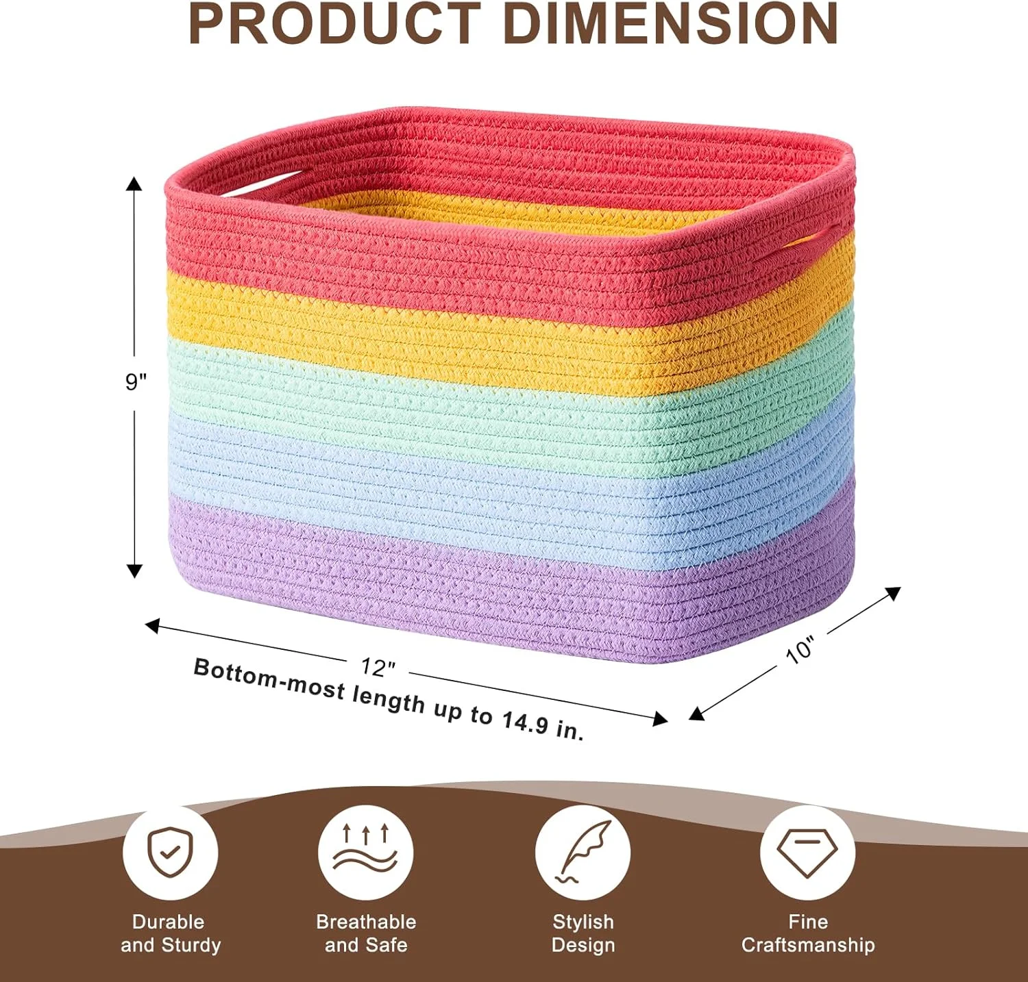 Rope Basket for Storage - 12”x10”x9” Storage Bins, Decorative Basket for Blankets, Woven Basket with Handles, Storage Baskets for Shelves, Home, Laundry (4 Pack, Rainbow)