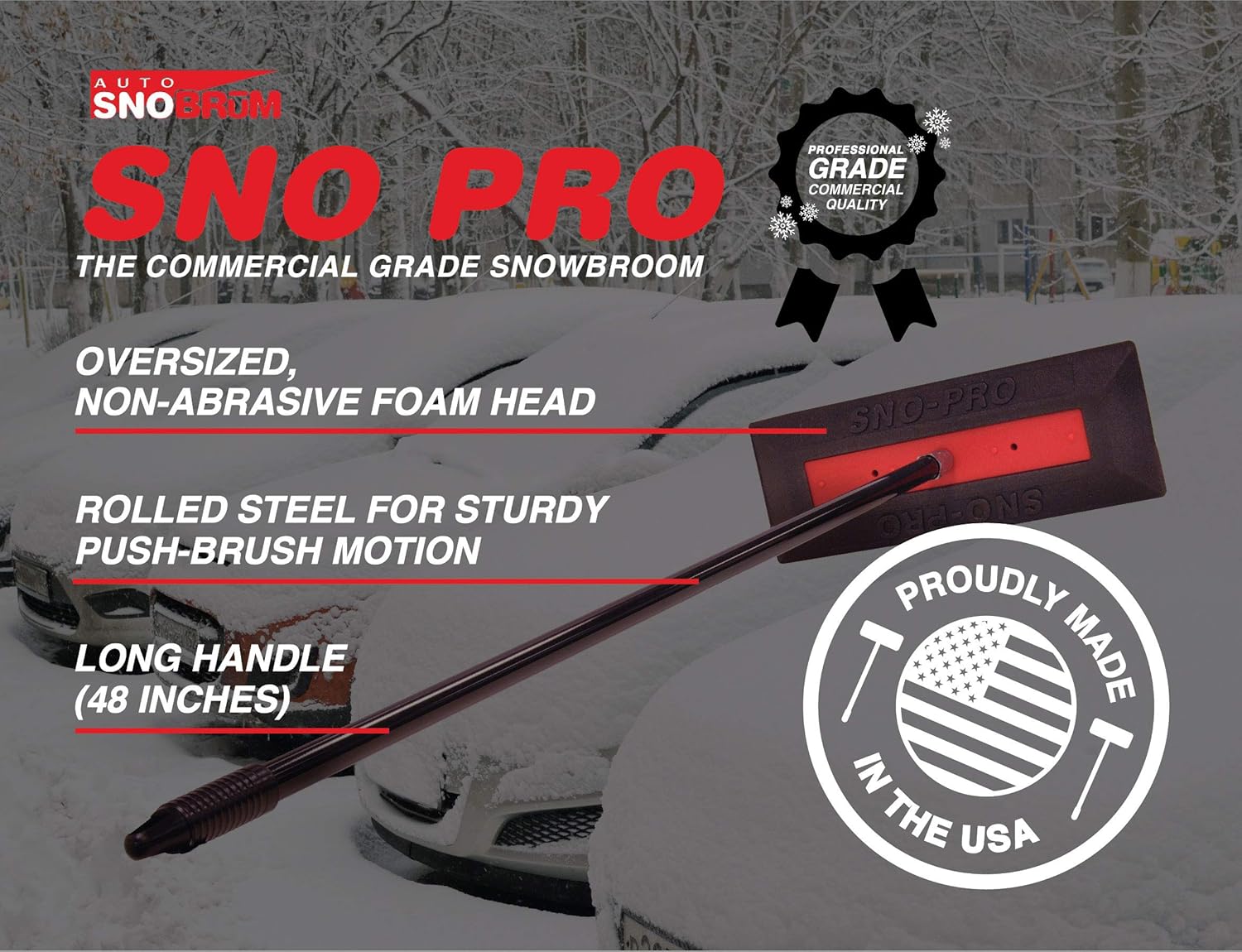 SNOBRUM SNO Pro, 48 Inch Handle – Professional Grade Vehicle Snow Broom and Snow Remover for Cars and Trucks – Made in The USA, Push-Broom Design – Non-Scratch Automotive Snow Removal – 2 Pack Pack of 2