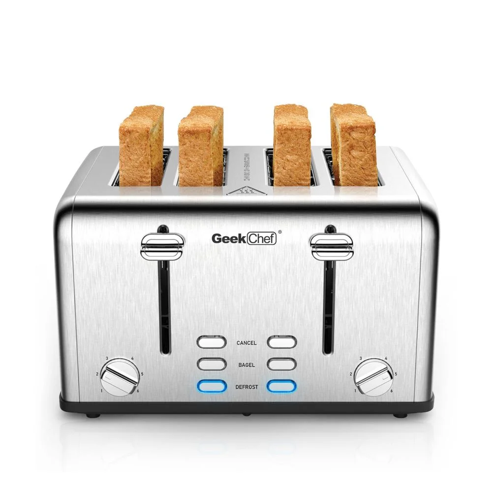 Bread, Bagel Toaster 4 Slice; Geek Chef Stainless Steel Extra-Wide Slot Toaster
