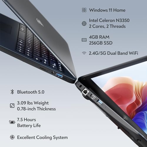14'' Laptop Computer, Dual-Core Intel Celeron N3350 Processors, 4GB RAM, 256GB SSD, Windows 11 Laptops Computers, Ultra Slim, Long Battery Life, 2.4G/5G WiFi, BT 4.2, HDMI