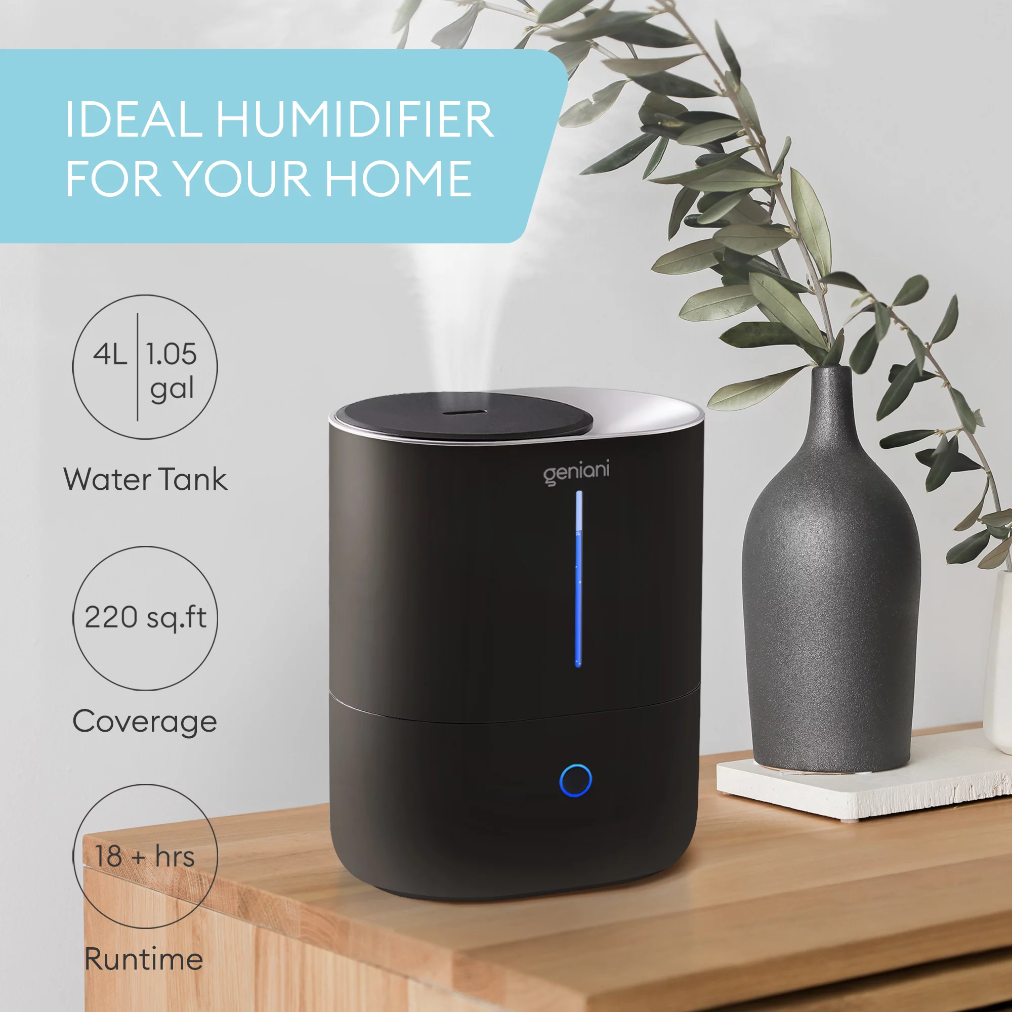 Geniani Ultrasonic Top-Fill Cool Mist 2-in-1 Humidifier & Diffuser, White