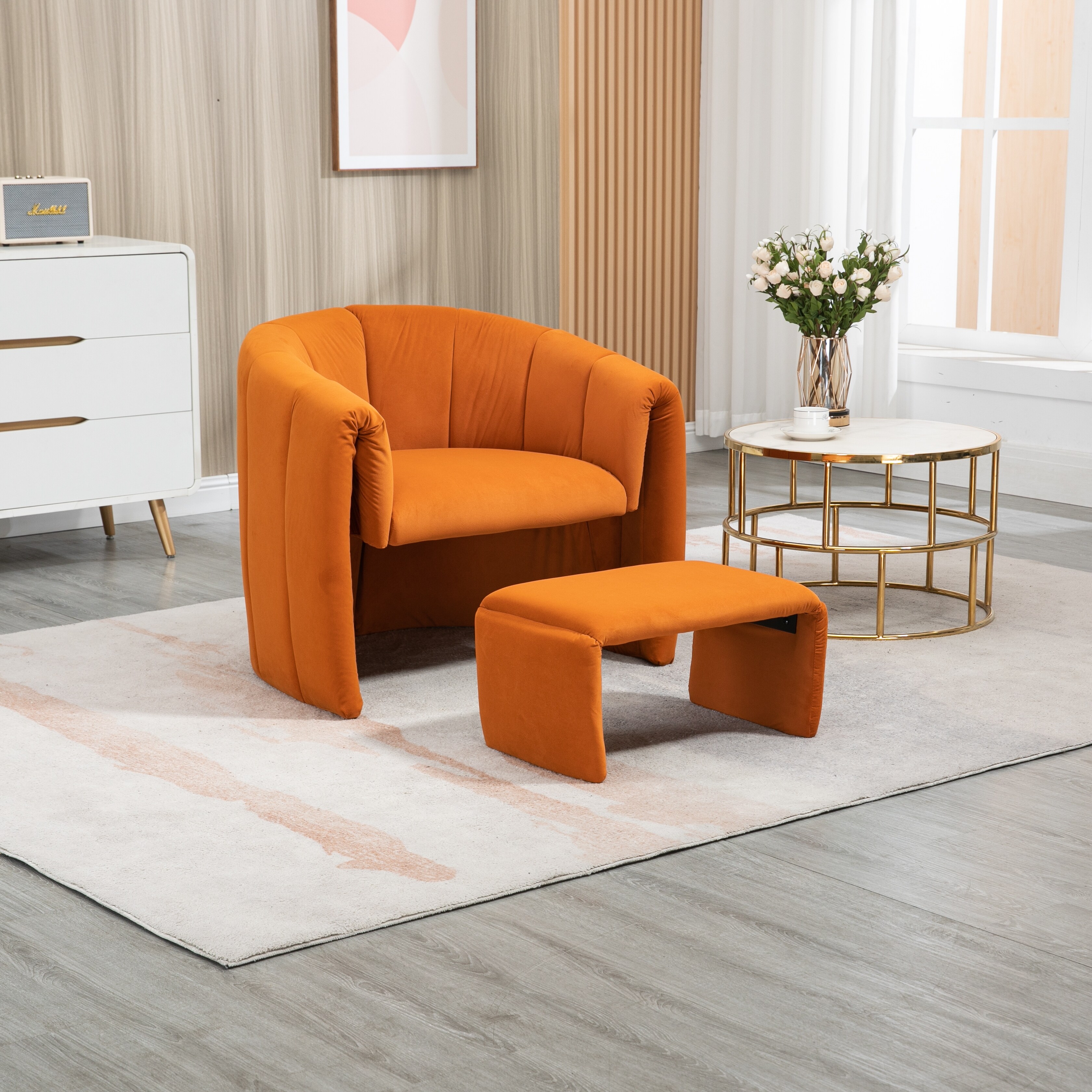 Modern Velvet Single Sofa Chair Livingroom Accent Chair with Ottoman Orange