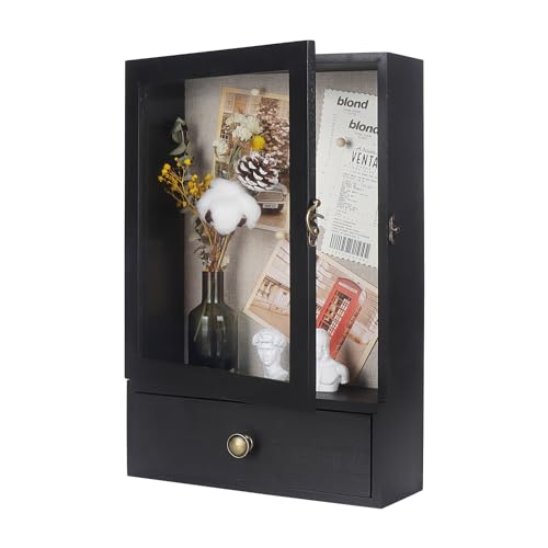 Shadow Box Frame, 3.2” Deep Shadow Box Display Case with Real Glass and Drawer, Rustic Wood Memory Box for Pictures, Flowers, Memorial, Medals, Wedding Bouquet for Wall or Tabletop, Black