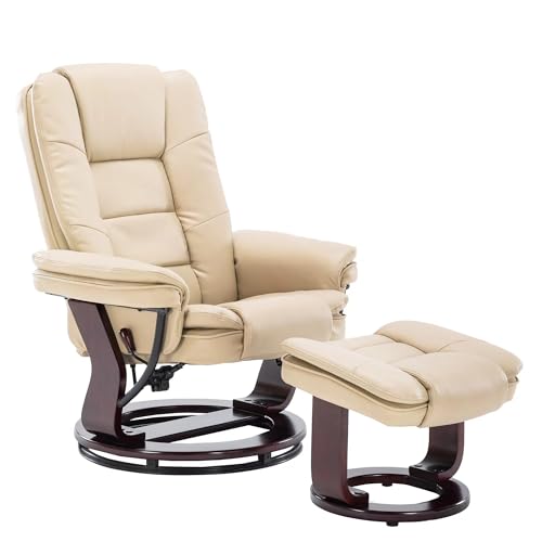 Swivel Recliner Chair with Ottoman Footrest Leather Adjustable Stressless Armchair, Beige