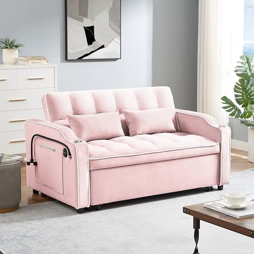 Pull Out Sofa Bed Velvet Sleeper Sofa Bed, Convertible Loveseat Sofa Bed with Reclining Backrest, USB Port, Ashtray Swivel Phone Stand and Pockets (Pink)