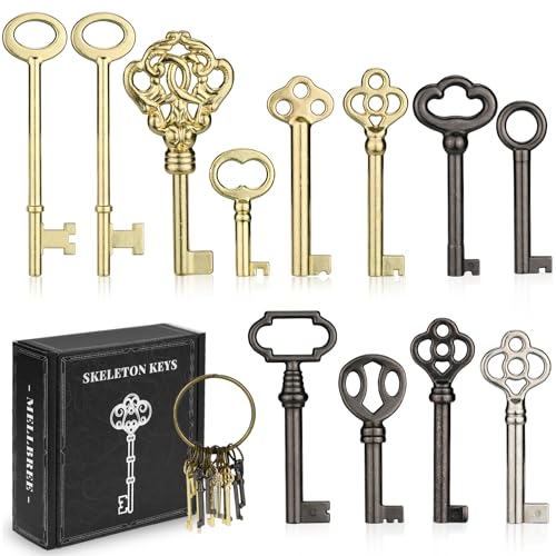 Skeleton Key Set, 12-Key Universal Replacement Skeleton Keys Kit for Antique Dresser, Chinese Cabinet, Antique Furniture and Old Style Cabinets or Doors, Collectible Gift