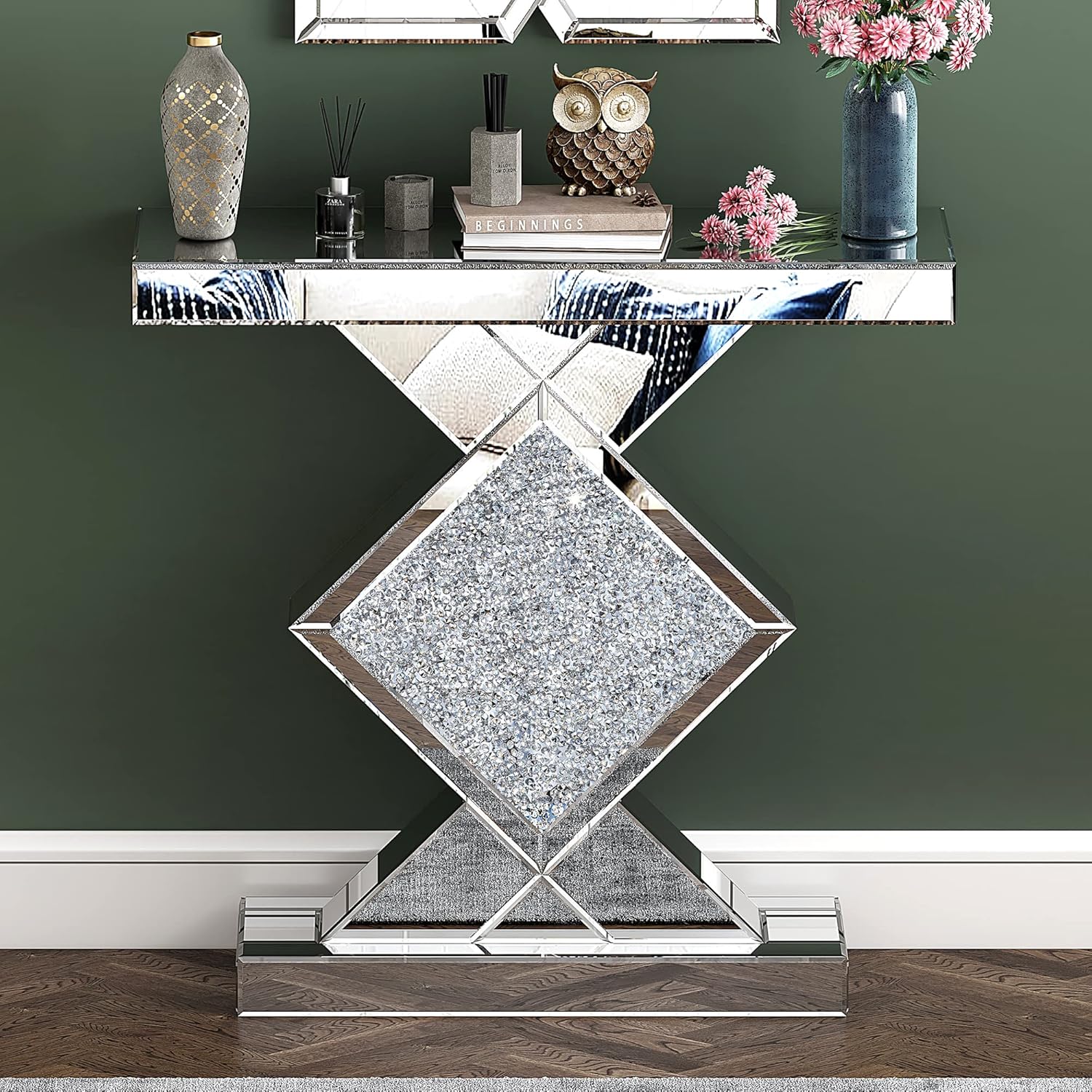 Mirrored Console Table, Silver Entryway with Diamond Shaped Mirror Finished, 31.5'' Long Accent Narrow Table, Glass Sofa Foyer for Living Room Hallway Entrance