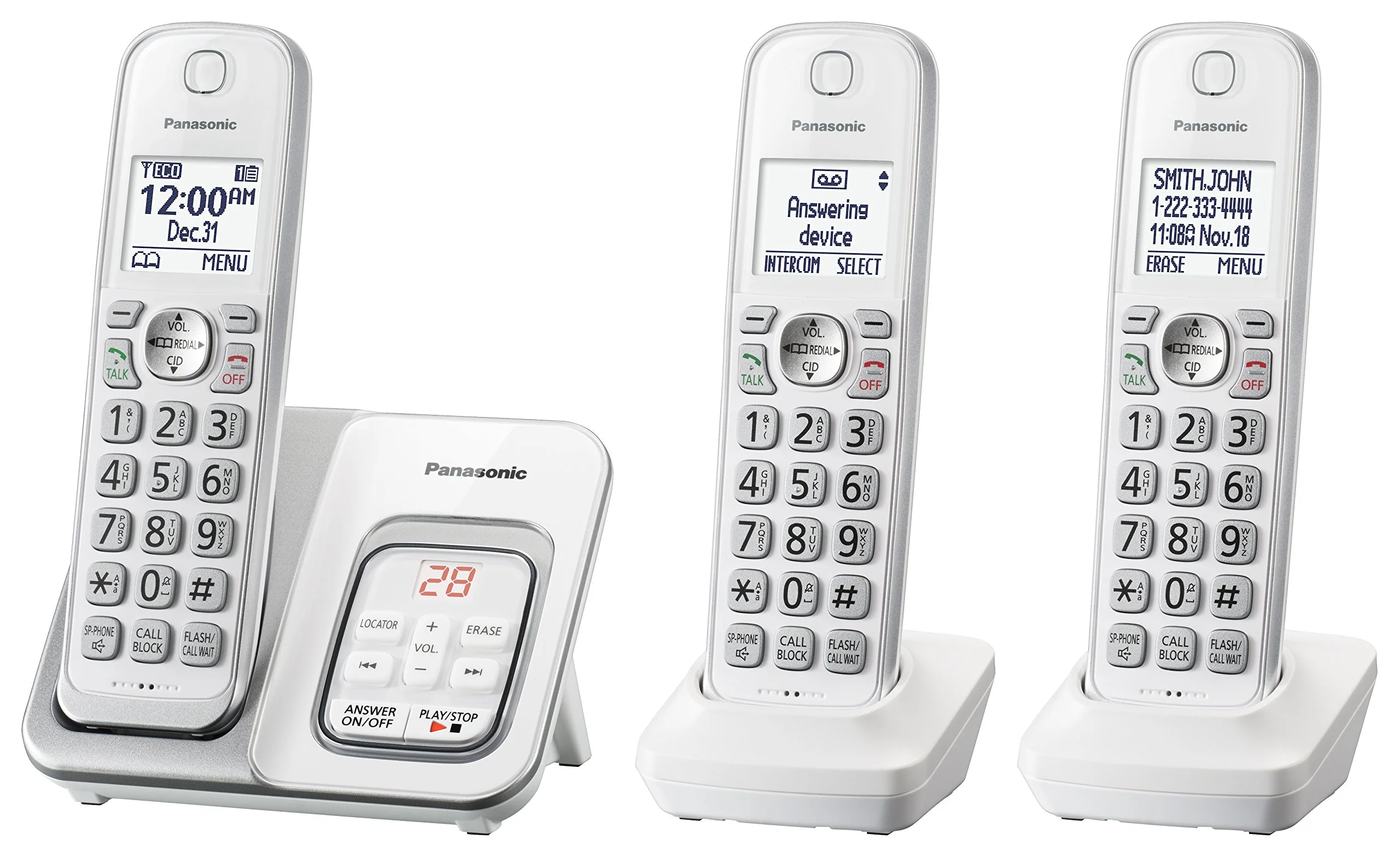 Panasonic Expandable Cordless Phone System with Answering Machine and Call Block - 3 Cordless Handsets - KX-TGD533W (White/Silver)