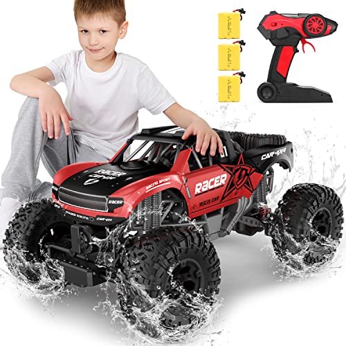 RC Trucks 4x4 Offroad Waterproof - 1:12 Scale Large Amphibious Remote Control Car, Dual Motors Crawler Vehicle, Monster Toys with 3 Rechargeable Batteries, Best Gift for Kids Adults
