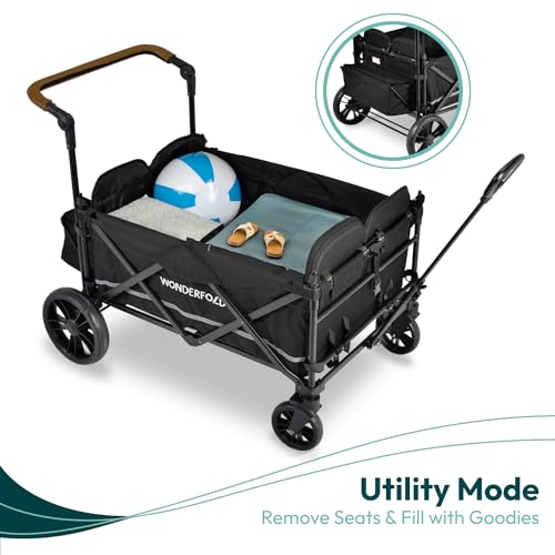 WONDERFOLD X4 Push & Pull Stroller Wagon (4 Seater) - Collapsible Wagon Stroller with Seats with 5-Point Harnesses, Adjustable Push Handle, and Sun Canopy, Navy