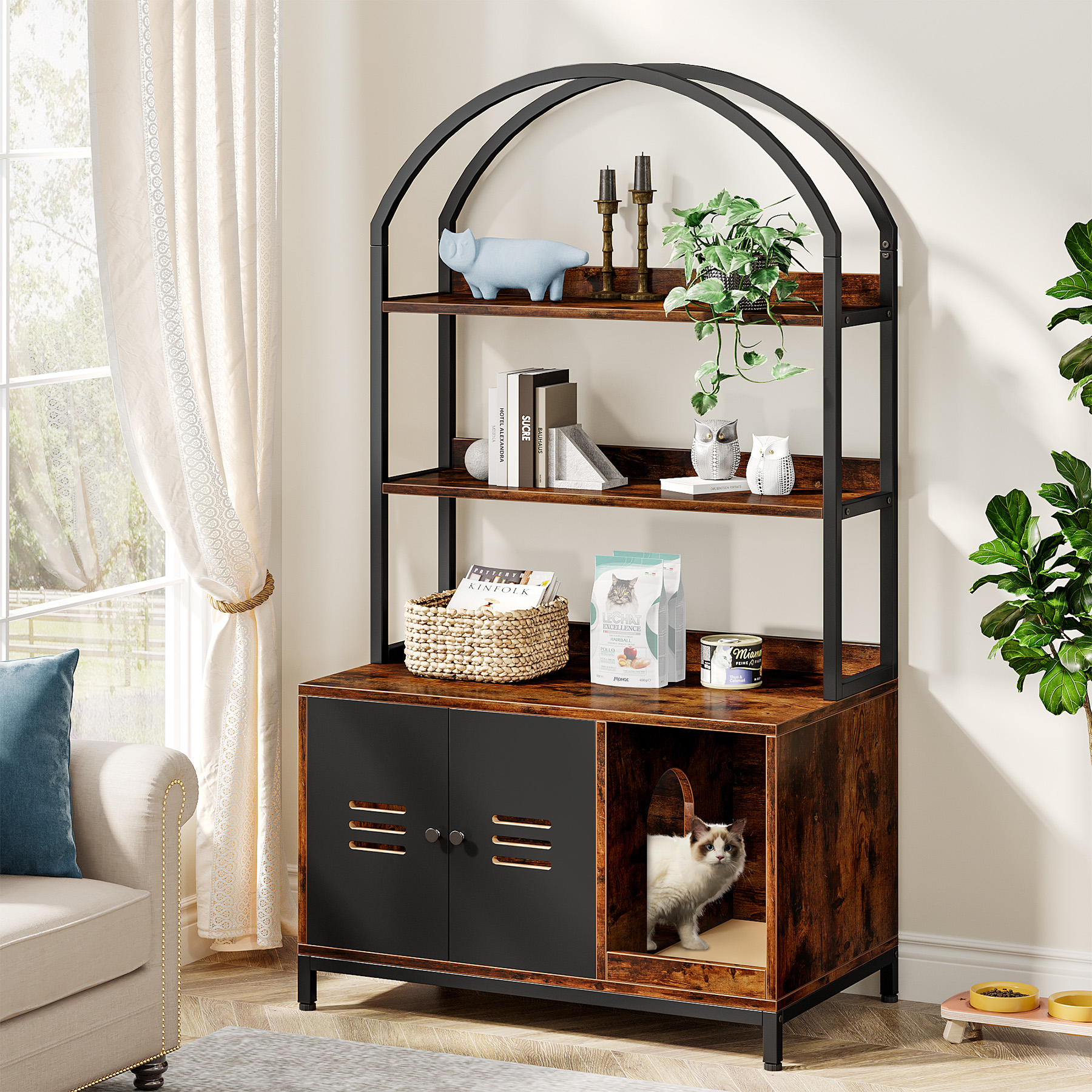 Tribesigns Cat Litter Box Enclosure Furniture, Hidden Litter Box Cabinet with Shelves, Wood Disguise Cat Washroom Pet House Cat Box with Doors, Industrial Cat Cabinet for Living Room, Bedroom