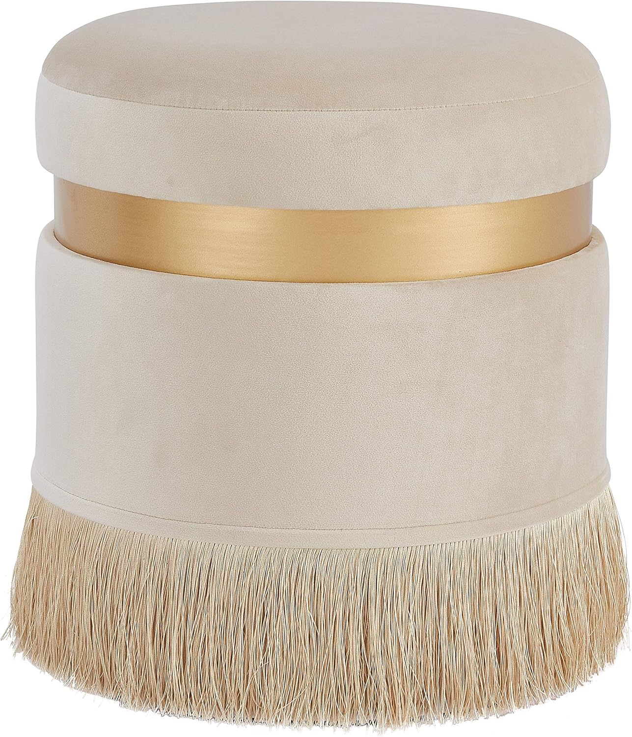New Pacific Direct Suri Velvet Fabric Fringe Round Storage Ottoman, Serene Cream