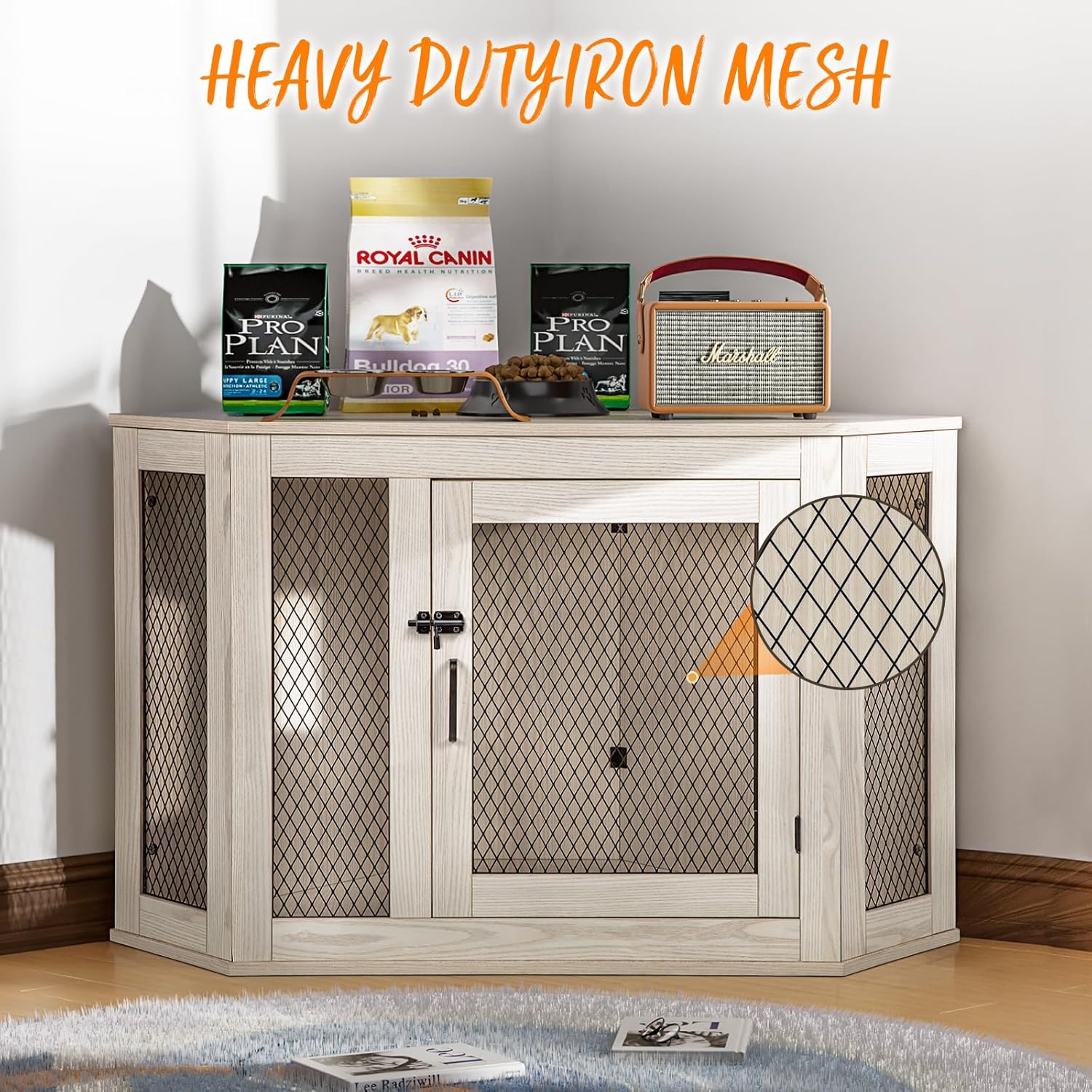 PUKAMI Corner Dog Crate Furniture,44/58inch Wooden Dog Kennel Furniture with Mesh,Decorative Wood Dog House for Indoor use,Dog Crate for Small/Medium/Large Dog,Perfect for Limited Room