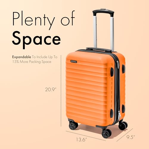 Carrywell 21 Inch Hardside Carry On Luggage, 4 Spinner Wheels, TSA Airline Approved, Lightweight and Expandable Suitcase, Scratch Resistant Shell, Not Made In China (Orange)