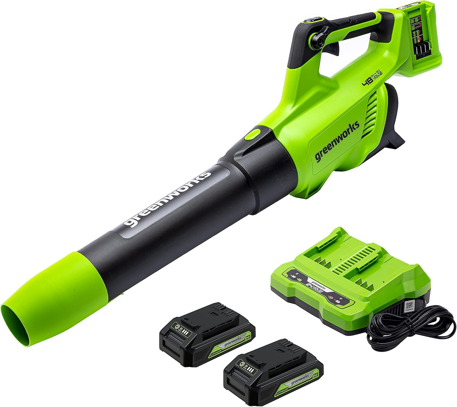 Greenworks 48V (2 x 24V) Cordless Axial Blower (125 MPH / 515 CFM), (2) 2.0Ah Batteries and Dual Port Charger