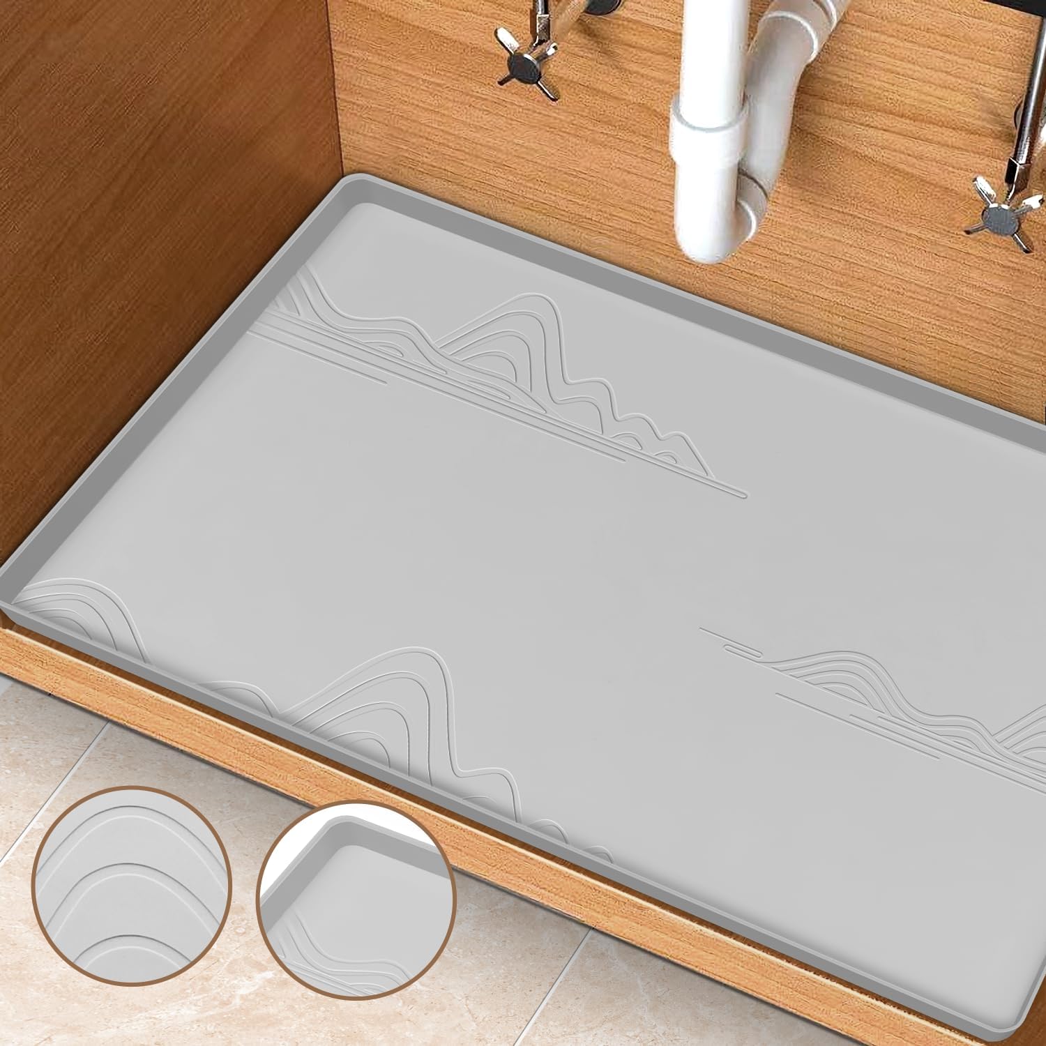 Under Sink Mat 22x19, Silicone Under Kitchen Sink Mat with Lip, Under Sink Mats for Kitchen Waterproof, Under Sink Liner Tray, Under Bathroom Sink Mat, Light Grey
