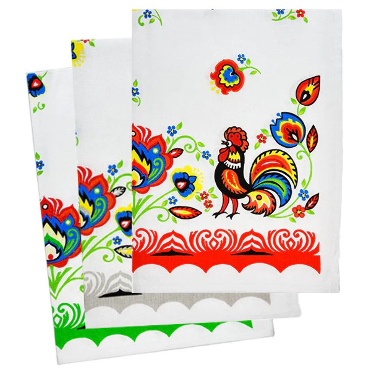 Polish Folk Art Set of 3 Kitchen Towels in Box (Lowicz Roosters)