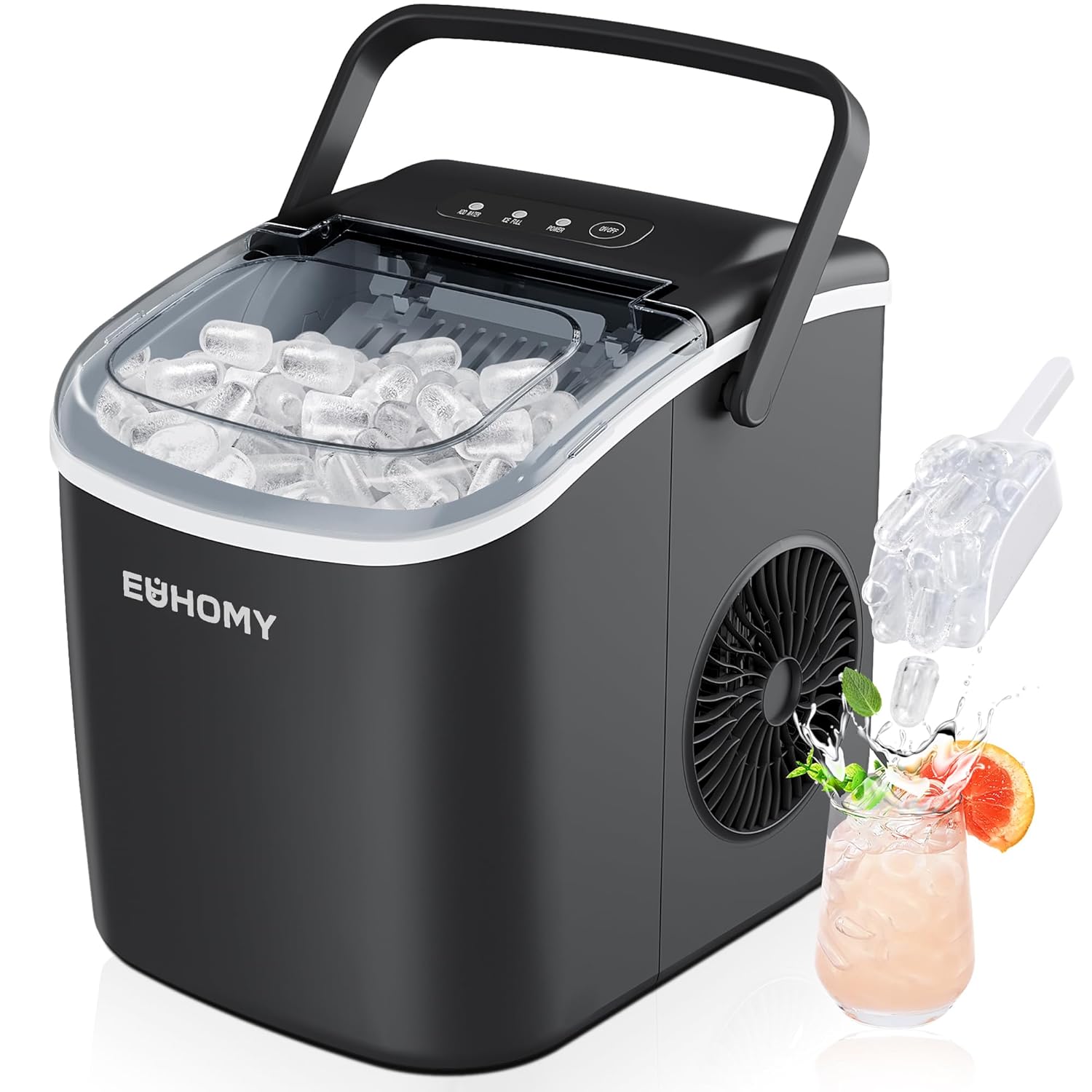 EUHOMY Countertop Ice Maker with Handle, 26lbs in 24Hrs, 9 Ice Ready in 6 Mins, Self-Cleaning, Portable Ice Maker Machine with 1.3lbs Basket and Scoop for Home/Kitchen/Camping/RV/Dorm. (Black)
