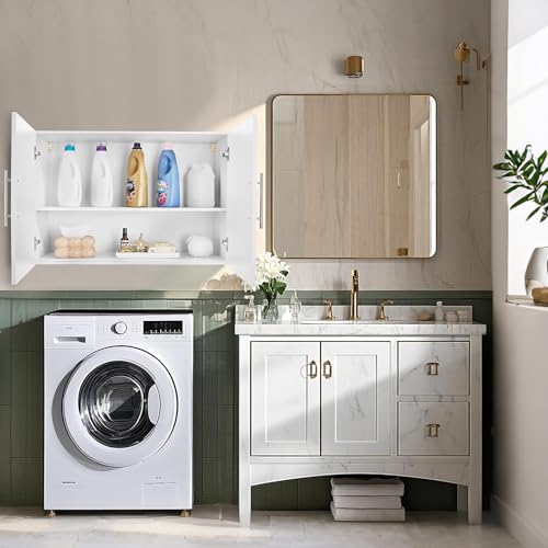 VEVOR Laundry Room Wall Cabinet, 2-Tier Wall Mounted Hanging Cabinet with 2 Doors, Cupboard Organizer with Adjustable Shelf, for Bathroom, Kitchen, Garage, Laundry, 16 x 36 x 24 in (D x W x H), White