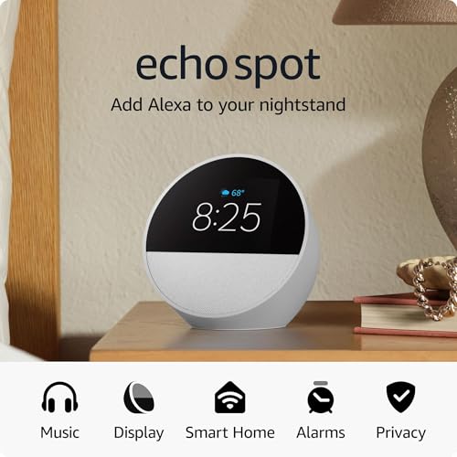 Like-New Amazon Echo Spot (newest model), Great for nightstands, offices and kitchens, Smart alarm clock with Alexa, Black
