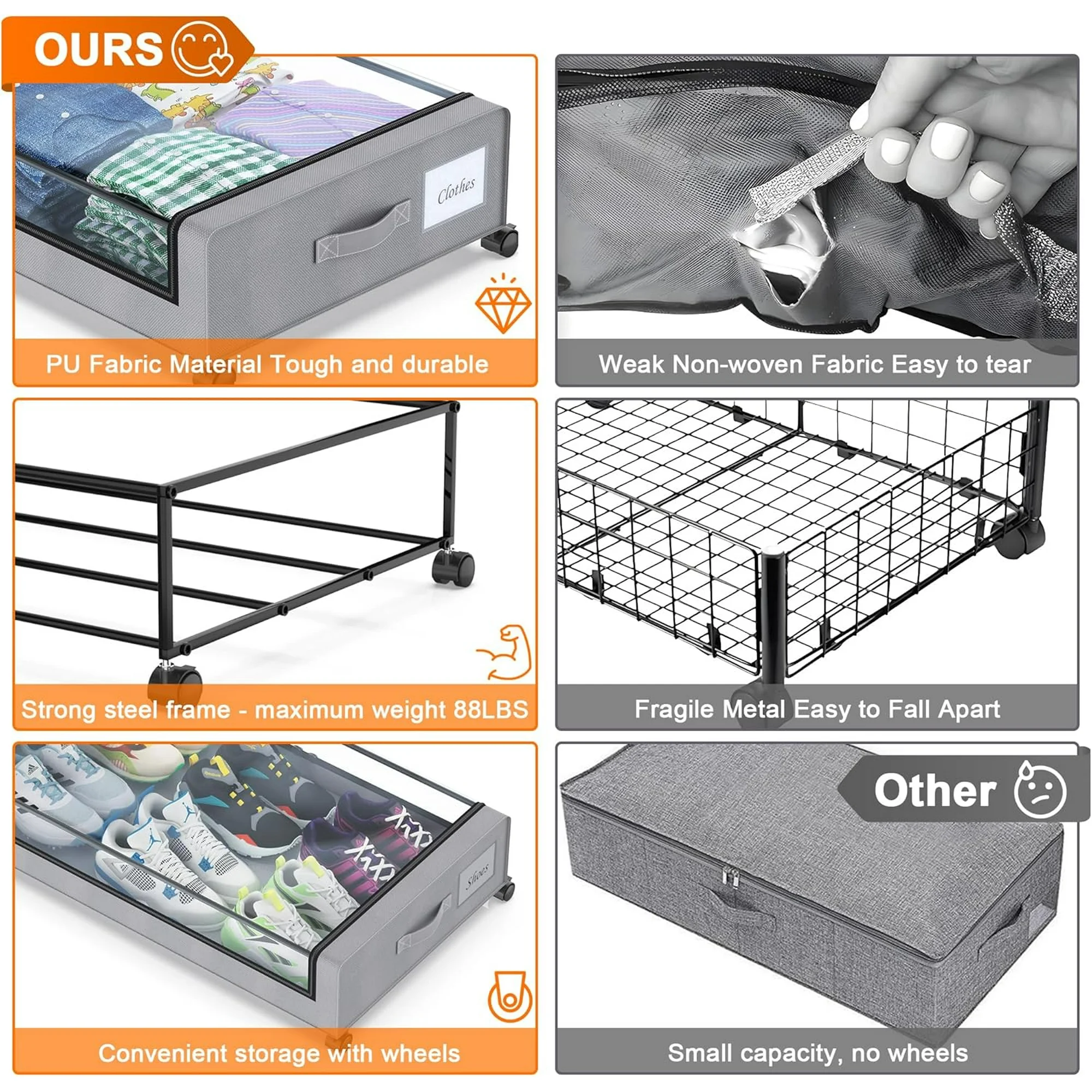 Under Bed Storage with Wheels, 4-Pack Under Bed Storage Containers with Clear Lids, XXL 60L Under the bed storage Organizer Bins, Rolling Under Bed Metal Drawer for Clothes,Shoes,Toys (Gray)