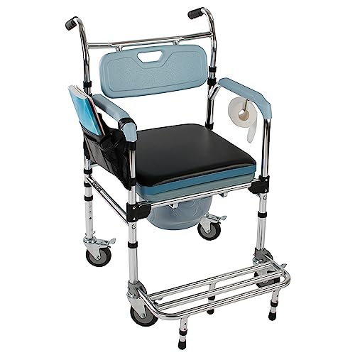 4-in-1 Bedside Commode Chair, Shower Wheelchair Portable Toilet Rolling Transport Chair with Arms & 4 Brakes,Portable Toilet for Adults, Senior, Handicap,Elderly and Disabled,Weight Capacity 300lbs
