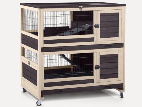 Two-Story Guinea Pig Cage with Wheels Rabbit Hutch Indoor Outdoor with 6 Access Doors, 2 Pull-Out Trays, Removable Wire Mesh and UV Proof Panel(Grey)