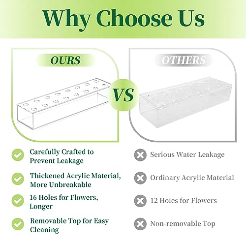 Rectangular Acrylic Vases for Centerpieces, 16 Inches Long Floral Vase with Holes for Flowers, Clear Rectangle Box Tray for Roses Modern Flower Arranger for Wedding Home Dining Table Decor, 1pcs