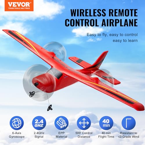 VEVOR RC Airplane, 2.4GHz 2 Channel Remote Control Aircraft with 6-Axis Gyro Stabilizer, Ready to Fly Aircraft Toy with 2 Batteries, RC Sailplane for Kids, Beginners, Red