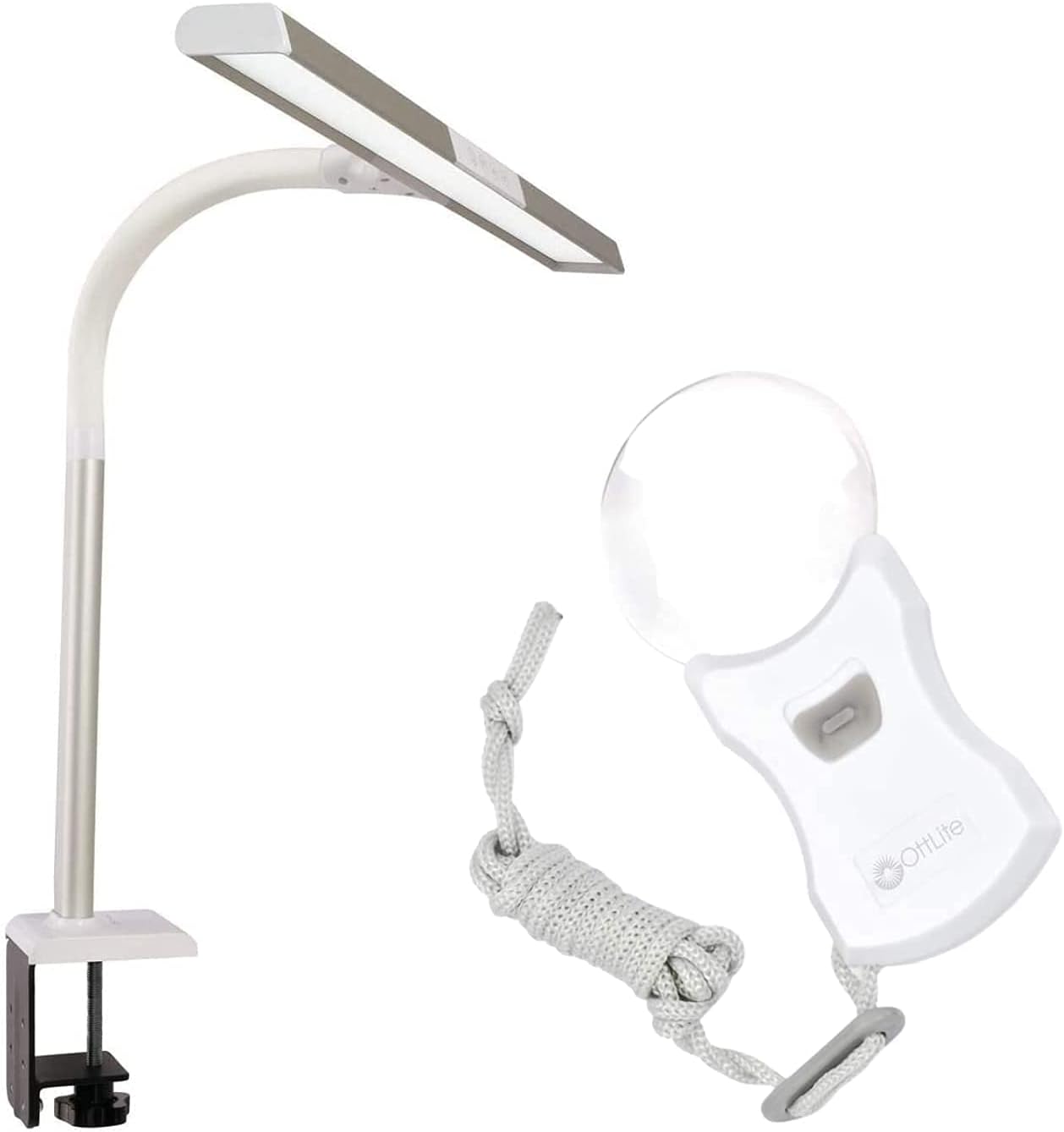 OttLite LED Extra Wide Area Clamp Lamp and Rimless Pendant LED Magnifier - 5 Brightness Settings, Wearable Magnifying Glass, 3X Optical Grade Magnification, LED Illumination, Pocket Magnifier