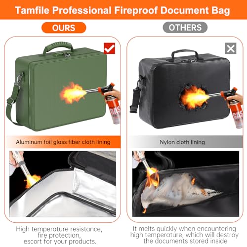 Tamfile 5200°F Fireproof Document Bag with Lock, File Bag with Lock, Fire and Heat Resistant File Storage Case, Portable Travel Home Office Filing Storage Document Organizer for Laptop, Green