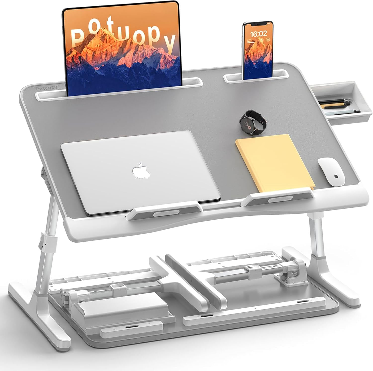 Laptop Bed Desk, Potuopy Leather Bed Table Tray with Removable Stopper, Foldable & Adjustable Lap Desk for Working Writing Drawing Eating on Couch Floor Bed, X-Large Grey and Large Black