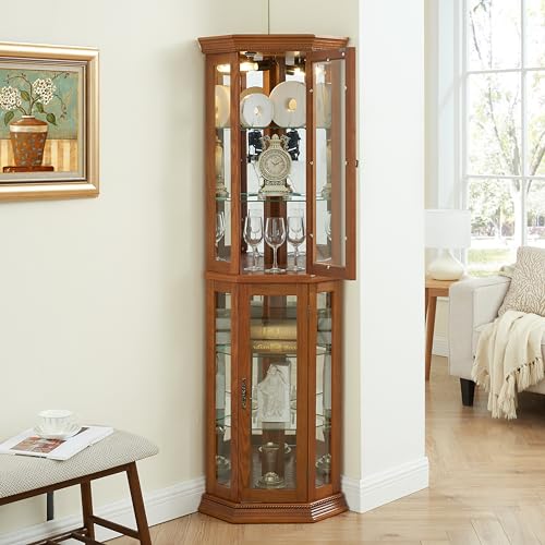 Display Cabinet Lighted,Corner Curio Display Cabinet with Adjustable Shelves & Mirrored Back,Storage Cabinet Wood Frame Collectibles Toy Display for Living Room, Kitchen,Pantry light bulb not included