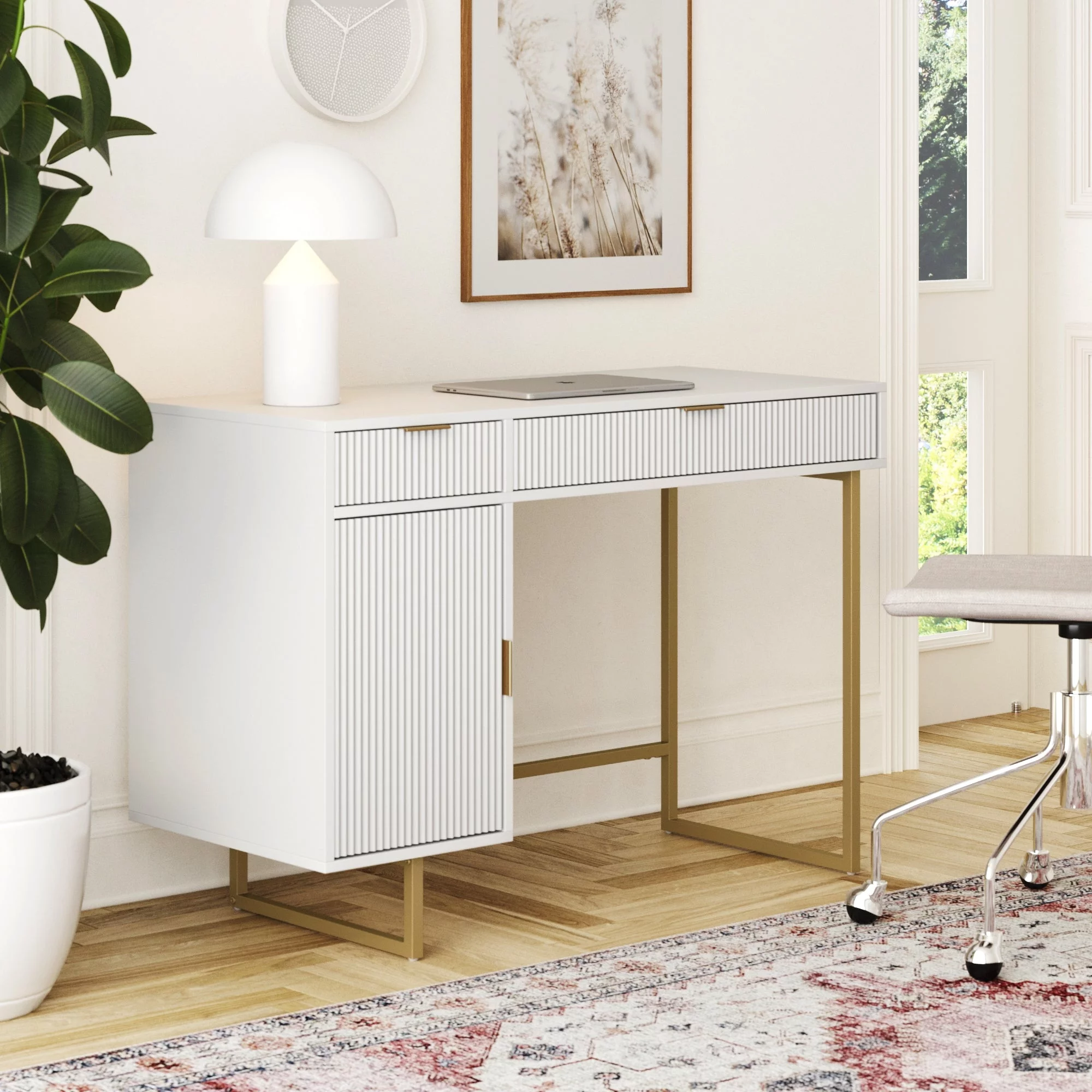 Nathan James Jacklyn White Modern Computer Desk, Workstation or Writing Desk for Small Spaces with Drawers and Cabinet Storage, White/Pale Gold