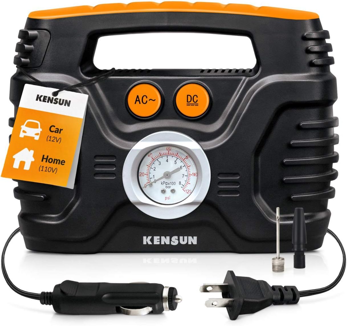 Portable air Compressor Electric tire Pump with Analogue Pressure Gauge for Home (110v) and Car (12v), with Additional adapters for Cars, Trucks, Bicycles, Balls | max 120 PSI Pack of 2