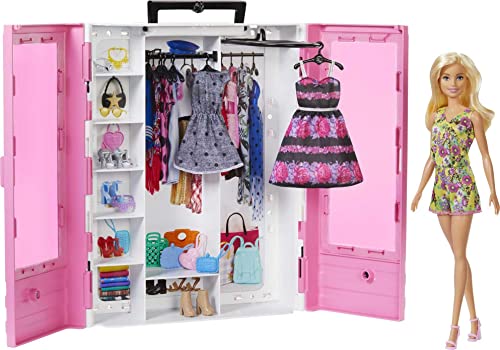 Barbie Fashionistas Doll & Ultimate Closet Playset with Clothes & 12 Accessories, Blonde Fashion Doll & Pink Closet Toy with Storage, Fold-Out Rack & Carrying Handle