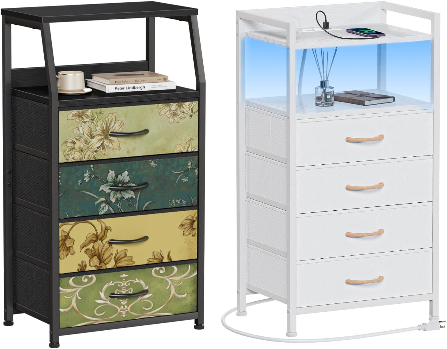 Furnulem Nightstand with 4 Storage Drawer, Tall Dresser for Bedroom with Led Light and Charging Station, Side Table Nightstand for Closet, Fabric Bins, Metal Frame, Wood Shelf