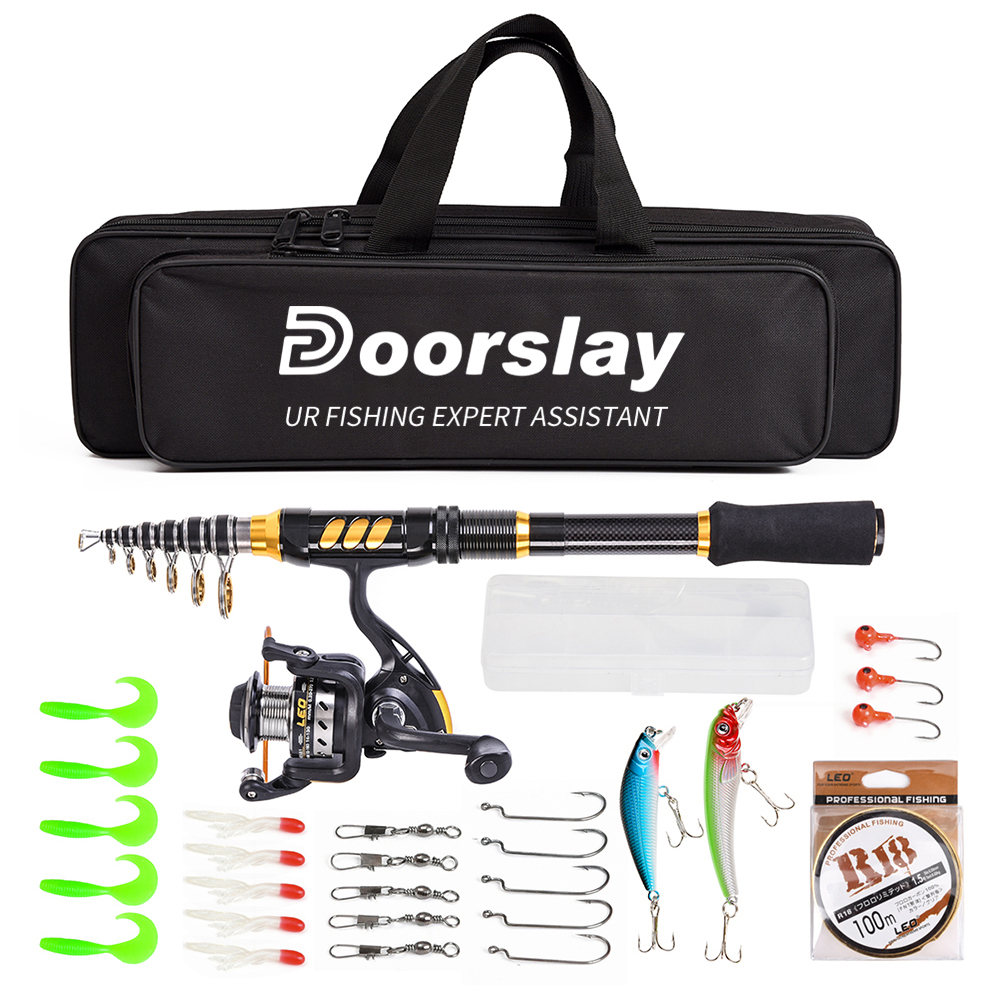 Doorslay Telescopic Fishing Rod and Reel Combo Full Kit Spinning Fishing Reel Gear Organizer Pole Set with 100M Fishing Line Lures Hooks Jig Head and Fishing Carrier Bag Case Fishing Accessories