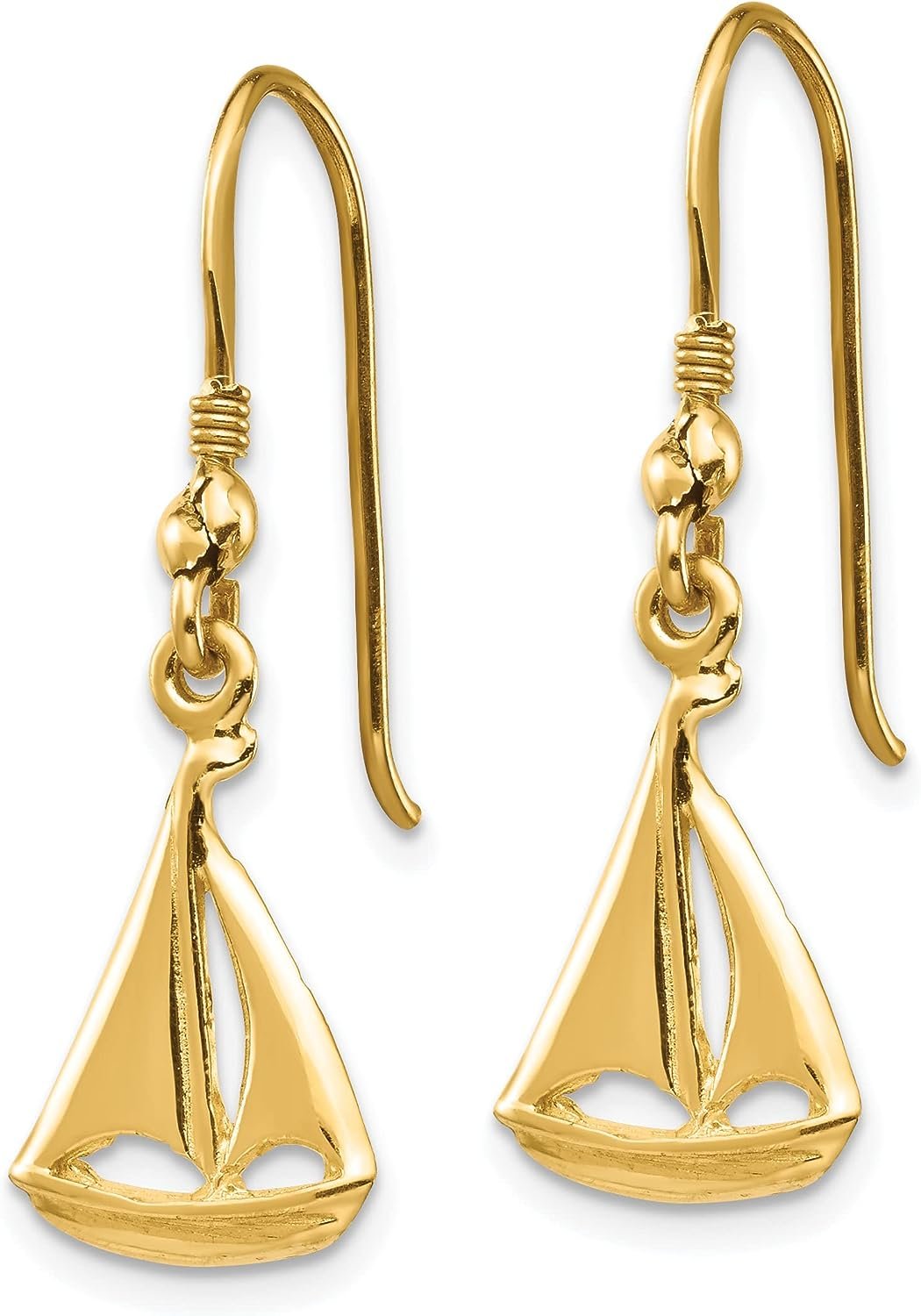 14K Yellow Gold Sailboat Shepherd Hook Earrings - 30.8mm