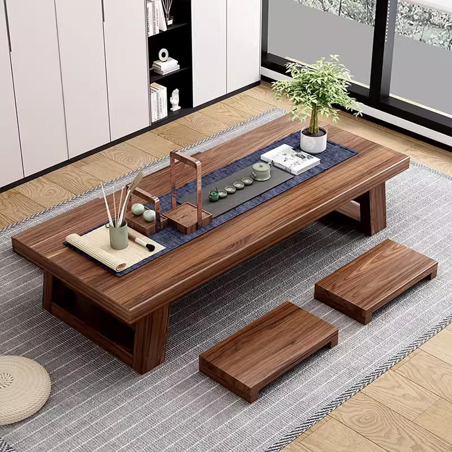 Japanese-Style Low Table, Solid Wood Tea Floor Table, Low Table for Floor Sitting Dining, Wooden Coffee Table Chabudai Furniture for Living Room, Reception Rooms, Tatami(Size:100cm