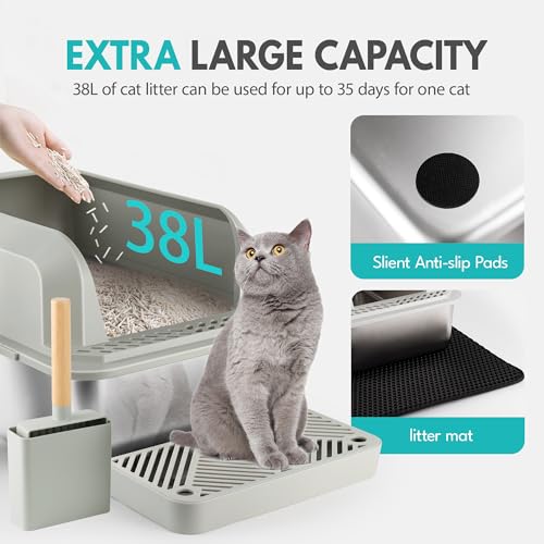 Stainless Steel Cat Litter Box with Lid, 75L Total Space Extra Large Cat Litter Box for Multiple Cats, Easy to Clean, Non-Sticky, Anti-Leakage, All Litter Can Use, Include Litter Scoop and Mat Grey