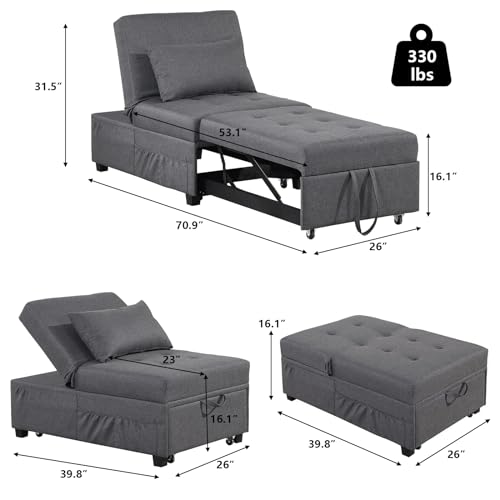Convertible Sofa Bed, 4-in-1 Sleeper Chair Bed Adjustable Recliner Sofa, Pull Out Folding Lounger Sleeper Couch Bed with Pillow for Living Room, Bedroom and Small Space (Dark Gray)