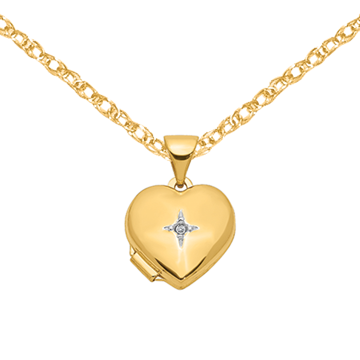 Primal Gold 14 Karat Yellow Gold 12mm Heart with Diamond Locket on 18-inch Cable Rope Chain