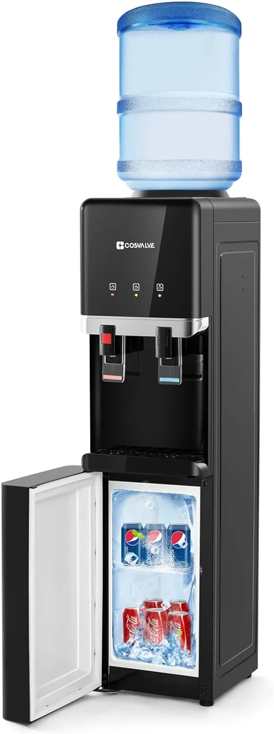 Water Cooler Dispenser, 5 Gallon Top Loading Hot/Cold Water Cooler, Compression Refrigeration w/Freezer Cabinet, Child Safety Lock for Home Office, Apartment, Dorm