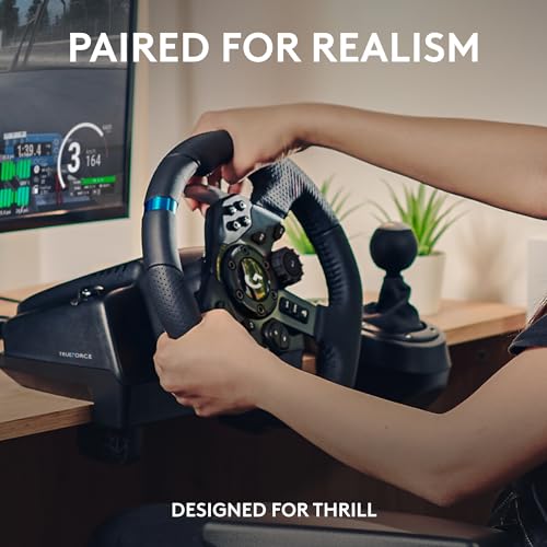 Logitech G923 Racing Wheel and Pedals, TRUEFORCE up to 1000 Hz Force Feedback, Gaming Steering Wheel PS5, PS4, PC, Mac, Genuine Leather- Black