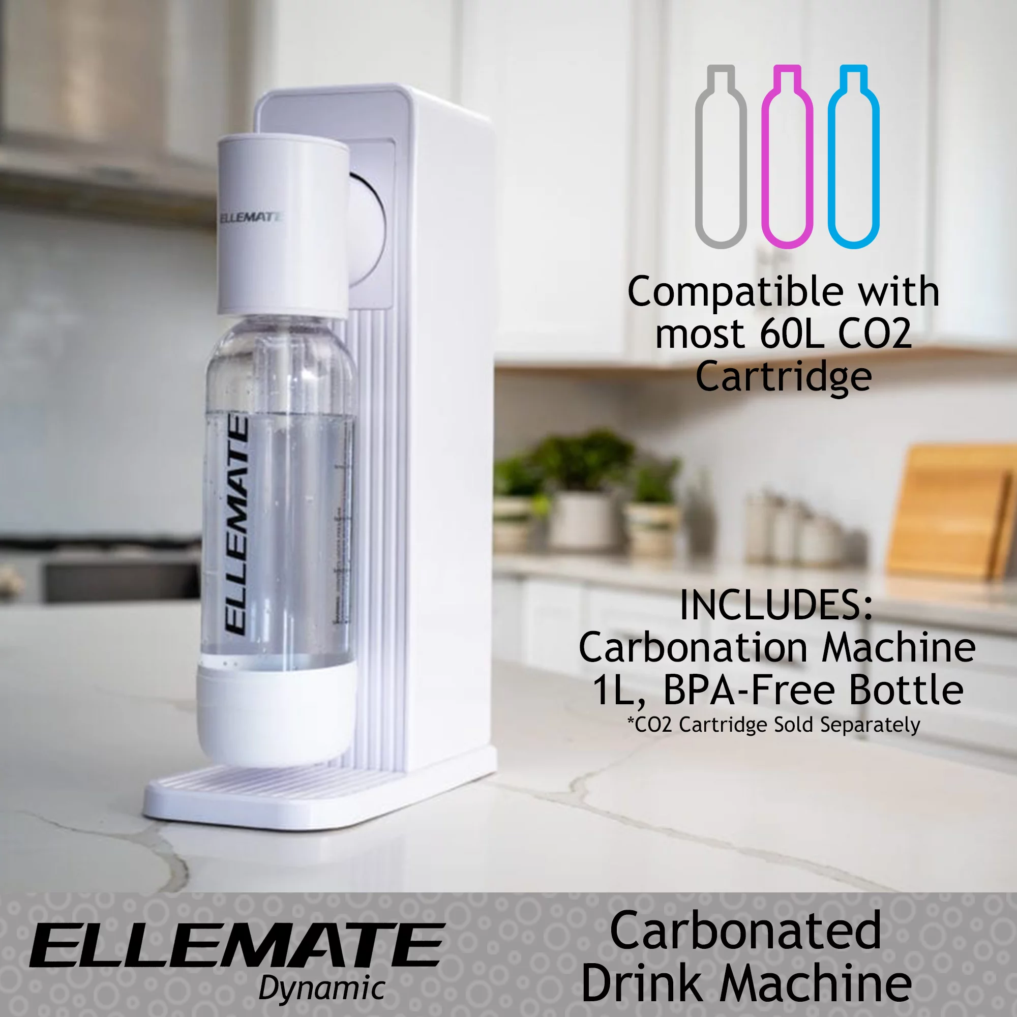 Ellemate Dynamic Carbonated Drink Maker with 2 CO2 Cartridges; Fizz Soda, Water, Wine, Juice and More; Adjustable Carbonation