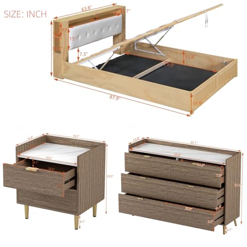 Merax 3 Pieces Bedroom Sets, Queen Size Upholstered Platform Bed with Storage Nightstand and 6 Drawers Dresser Cabinet, Motion Activated Night Lights, USB Charger, Natural