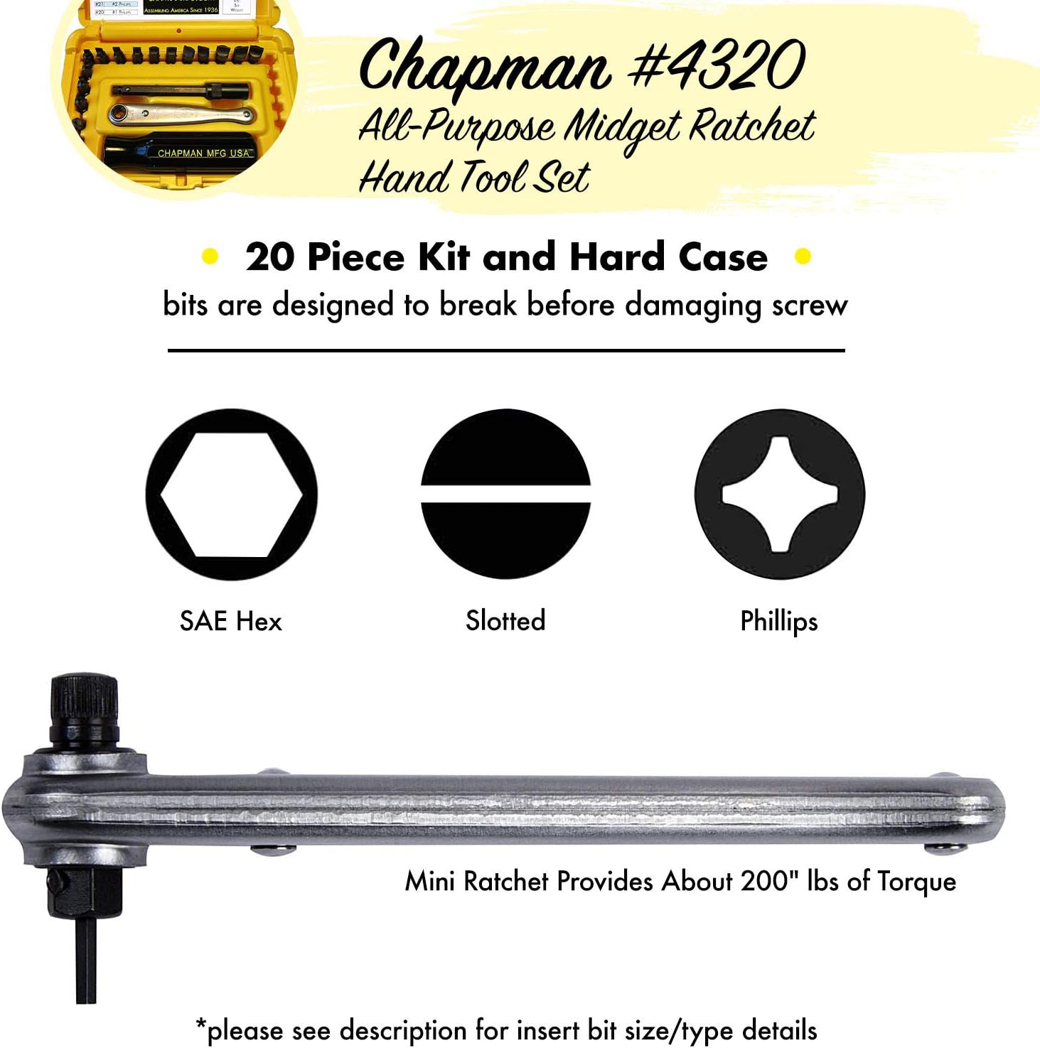 Chapman MFG 7331 All-Purpose Standard Screwdriver Set - Includes Phillips, SAE Allen Hex & Slotted/Flathead Bits - Complete Set Offers 24 USA Made Insert Bits + Mini Ratchet Hand Tool (Yellow Case)